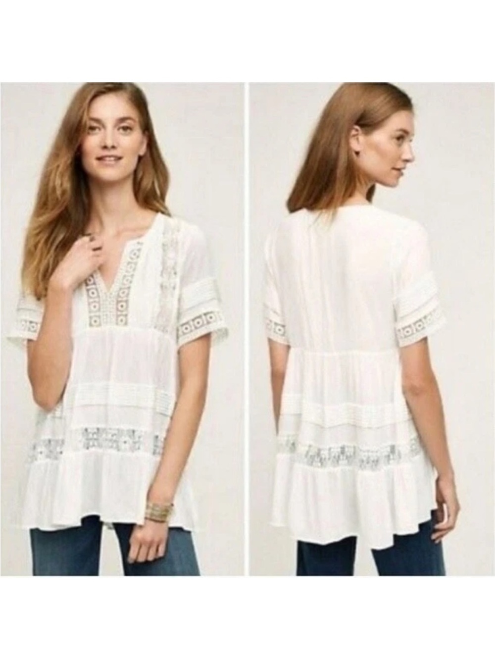 Anthropologie Maeve White Lace Short Sleeve Tiered Tunic Top